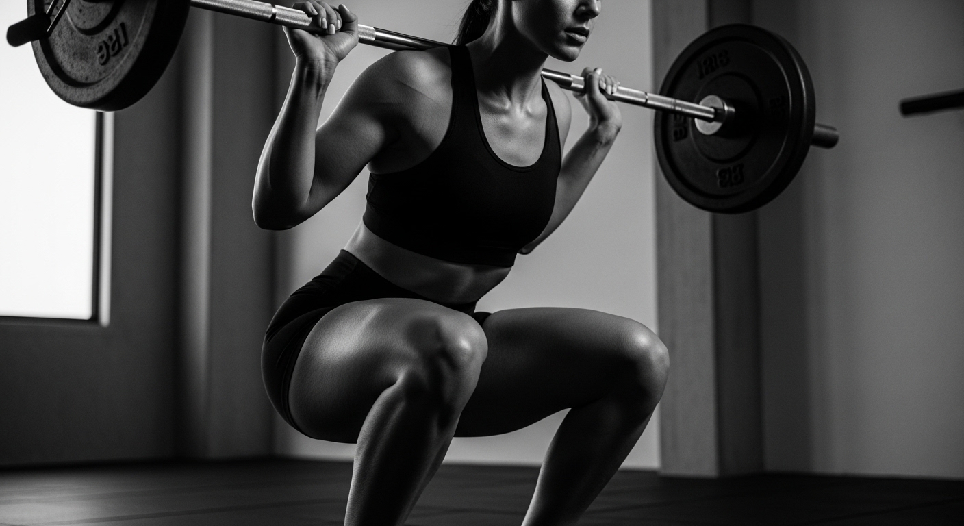 ヒップアップを目的としたスクワットで前もも（大腿四頭筋）が張り出す原因を、15,000件の臨床データに基づき、骨格の歪み（反り腰）から解説するモノクロのシネマティック写真。瀧本銀次朗のコンディショニング哲学。