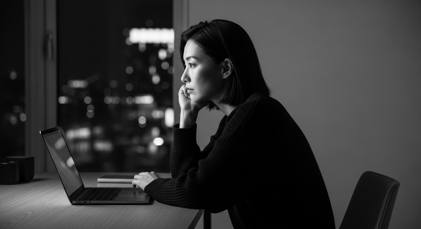 デスクワークやスマホ操作による巻き肩（猫背）と呼吸の浅さが原因で「いつも疲れて見える」30代の働く女性の、深い疲労と内省の瞬間を捉えたモノクロのシネマティック写真。15,000件の現場経験を持つ瀧本銀次朗のコンディショニング哲学。