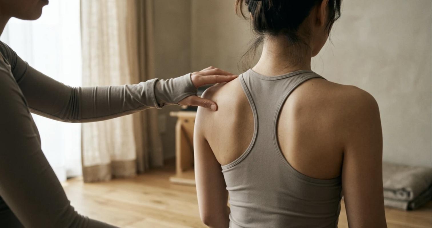 トレーナーが肩甲骨の位置を手で確認しながら姿勢を指導する様子