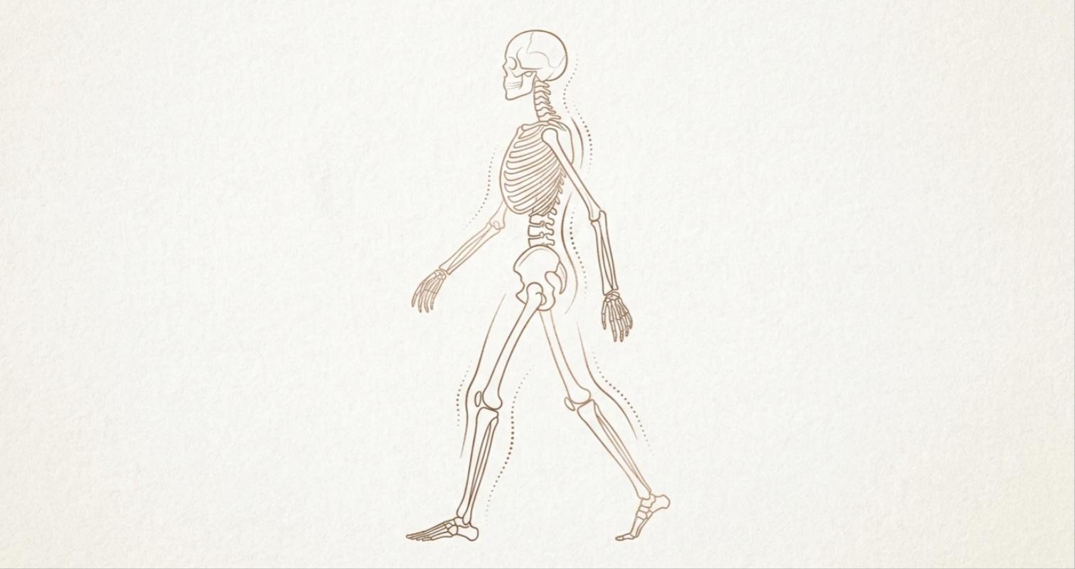 整った姿勢で歩く女性の骨格を描いた線画イラスト