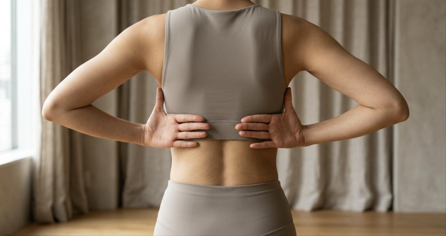 背中側の肋骨に両手を添え、呼吸に合わせた肋骨の動きを確かめる女性の後ろ姿