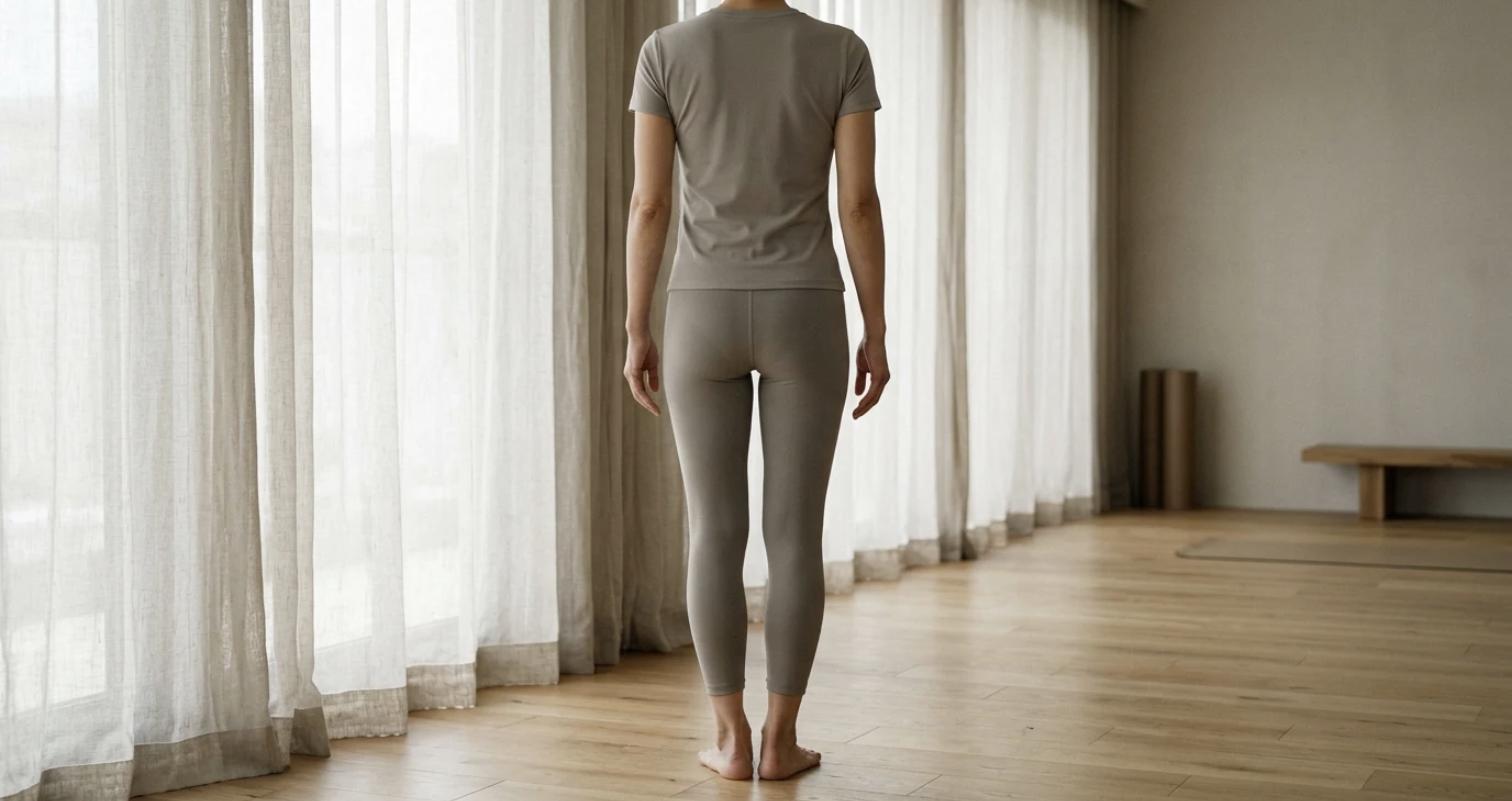 骨盤を立てた姿勢で静かに立つ40代女性の後ろ姿。背中から腰、お尻までの縦のラインがまっすぐ通っている