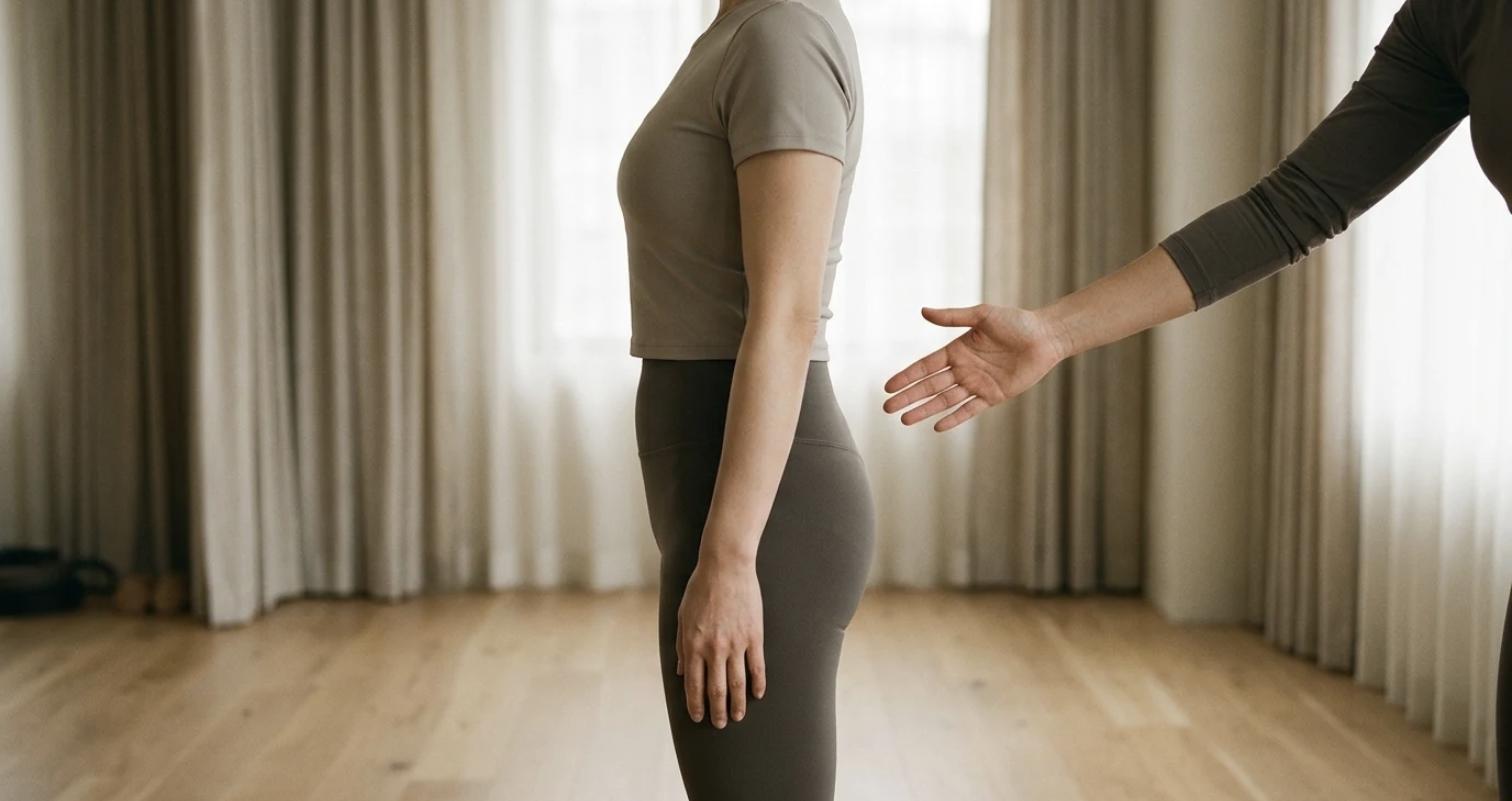 トレーナーが立っている女性の骨盤の位置を横から確認している様子。首から下のみが写っている