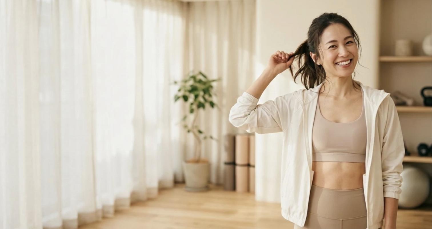明るい個室スタジオで笑顔を見せる、健康的に引き締まった30代の女性